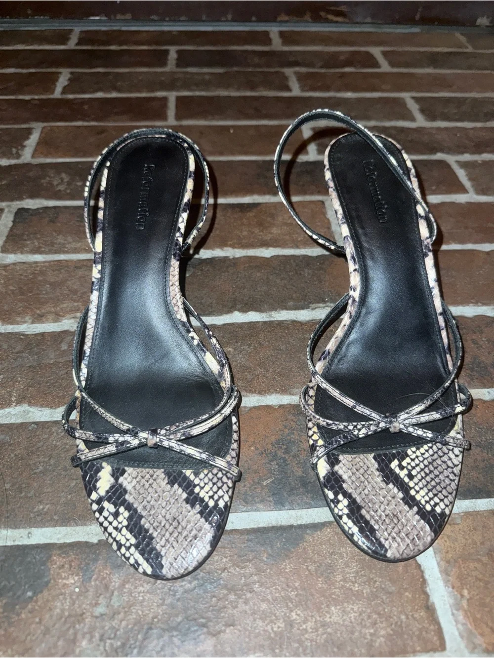Reformation Snakeskin Strappy Slingback Sandals — Black & Brown